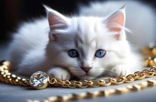 AI generated jewelry salon, jewelry advertising, gold and silver jewelry with precious stones, cute fluffy pet white kitten, pets in advertising, advertising luxury trend photo