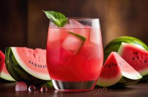 AI generated glass of non-alcoholic watermelon lemonade, fresh summer cocktail with ice, refreshing berry drink, detox water, fruit cocktail, beach bar photo