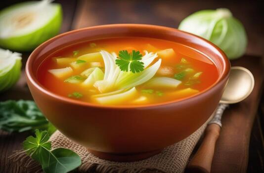 AI generated Purim, national Jewish cuisine, traditional Jewish dish, hearty white bean soup decorated with herbs, Vegetarian Kale Soup, vegan cuisine photo