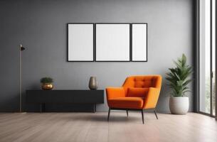 AI generated interior of a modern living room, an empty mockup picture frame on the wall, a lounge area with a bright orange armchair and a coffee table, a minimalist interior, indoor plants photo