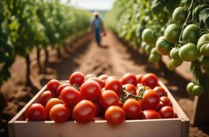 AI generated red ripe tomatoes in a wooden box, against the background of a vegetable garden, tomatoes hanging from a branch, tomato bushes, harvesting, sunny day photo