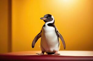 AI generated World Penguin Day, funny little penguin, yellow background photo