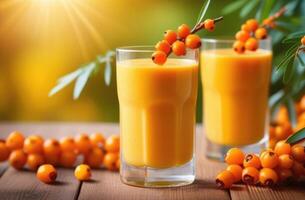 AI generated a glass of sea buckthorn juice on a wooden table, ripe sea buckthorn berries, against the background of a branch of a sea buckthorn tree, an orchard photo