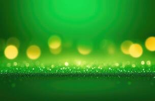 AI generated St. Patrick's Day, abstract green background, bokeh effect, golden glow, flicker, place for text, blurred background photo