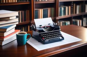 ai generado internacional libro día, mundo escritores día, retro máquina de escribir, autores escritorio, libro páginas, áspero bocetos, literatura maestro, hogar biblioteca, café taza, apilar de libros foto