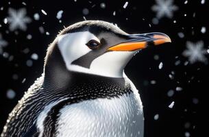 ai generado mundo pingüino día, adulto pingüino, de cerca, negro fondo, nieve y copos de nieve foto