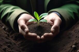 AI generated Arbor Day, a handful of earth in your hands, a green sprout in your palms, Handholding tree sapling, planting plants, a young plant grows out of the soil photo