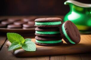 AI generated St. Patrick's Day, traditional Irish pastries, national Irish cuisine, stack of cookies, mint cookies with chocolate filling, chocolate dessert, mint leaves, mint cream, wooden table photo