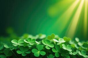 AI generated St. Patrick's Day, abstract green background, bokeh effect, golden glow, background with clover leaves, place for text photo