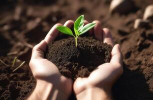 AI generated Arbor Day, a green sprout in the palms, a handful of earth in the hands, Handholding tree sapling, planting plants, a young plant grows out of the soil, dark background photo