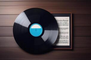 AI generated world Music Day, World Rock-n-roll Day, old vinyl records, musical notation, music notebook, top view, wooden background photo