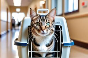 ai generado mundo gato día, veterinarios examen, veterinario clínica, animal tratamiento, mascota a rayas gris gato en un transportador, hospital corredor, medicamentos para gatos, sobreexposición de animales, animal abrigo foto