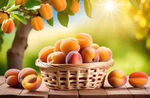 AI generated apricot garden, ripe apricots hanging on an apricot tree branch, a full wicker basket with apricots on a wooden table, apricot plantation, organic farming photo
