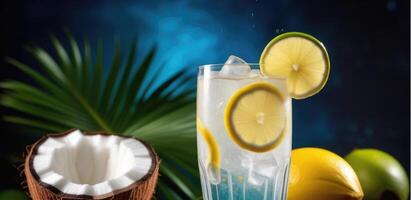 AI generated glass of non-alcoholic coconut lemonade, refreshing tropical drink, fresh summer cocktail with ice, detox water, fruit cocktail, beach bar photo