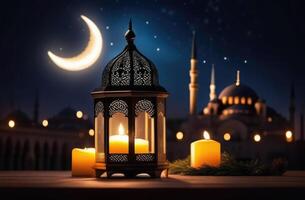 ai generado eid al fitr, Laylat al qadr, santo mes de ramadán, árabe fans linterna en un de madera antepecho, velas, mezquita con minaretes, ver desde el ventana, Luna Luna y estrellas foto