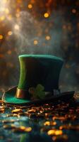 AI generated Green Patricks hat with gold coins close up background photo