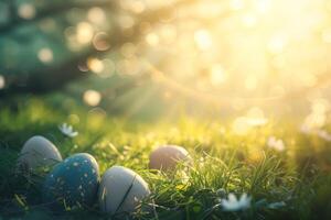 AI generated Easter background with colored eggs in the sunlight photo