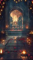 AI generated Indian old temple with candles diwali celebration background photo