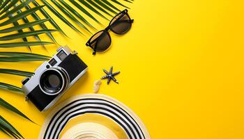 AI generated Summer vacation, beach accessories on the yellow background photo