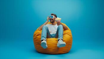 ai generado joven alegre hombre sentado bolsa de frijoles comiendo palomitas de maiz acecho película foto