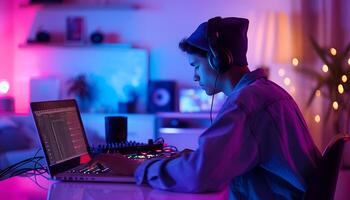 ai generado DJ vistiendo auriculares jugando electrónico música a hogar foto