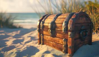 AI generated treasure chest on the beach photo