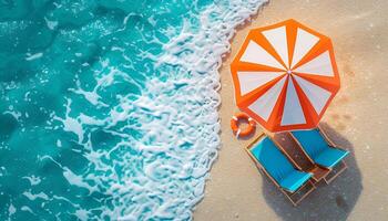 AI generated Summer vacation background with beach umbrella and chair photo