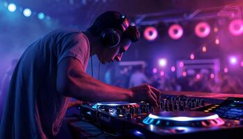 ai generado DJ jugando electrónico música a noche club fiesta foto