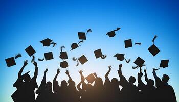 ai generado silueta de estudiantes en graduación lanzamiento sombreros foto