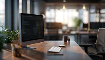 AI generated office desk with blurred office in background photo