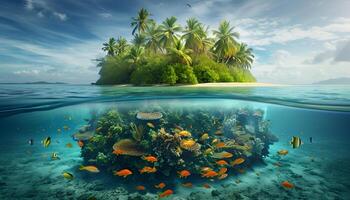 AI generated tropical island with fish swimming underwater photo