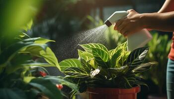 AI generated Female hands spray watering plants at home photo