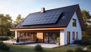 AI generated Close-up house with solar panels on the roof photo