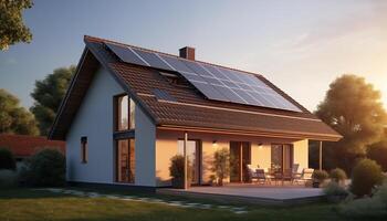 AI generated Close-up house with solar panels on the roof photo