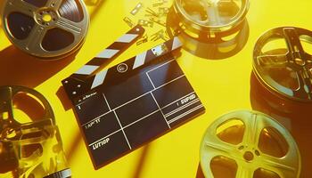 AI generated film reels and clapperboard on a pastel yellow background photo