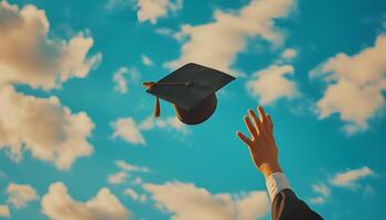 AI generated hand throwing graduation hat in the air celebrating photo
