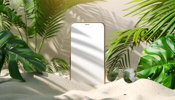 AI generated Summer sale ad banner template for promotion. Banner with smartphone on beach sand photo