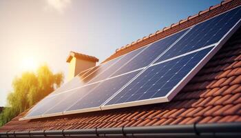 AI generated Close-up house with solar panels on the roof photo