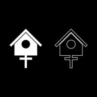 Bird box starling house birdhouse nesting set icon white color vector illustration image solid fill outline contour line thin flat style