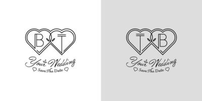 Letters BT and TB Wedding Love Logo, for couples with B and T initials vector