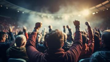 AI Generated Crowd at concert - Cheering crowd in front of bright colorful stage lights photo