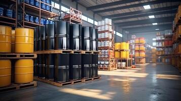 AI Generated  barrels in the warehouse, Storage stock, Chemical warehouse. 3D illustration photo