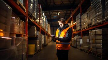 AI Generated Smiling male supervisor checking stock records in digital tablet standing near the stack of boxes photo