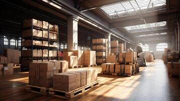 AI Generated Interior of an empty modern logistic warehouse storage facility with packed shelving in the daytime - 3D render photo