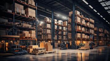 AI Generated Interior of an empty modern logistic warehouse storage facility with packed shelving in the daytime - 3D render photo