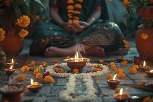 AI generated Traditional Diwali Puja with Earthen Lamps and Marigolds. Detailed shot of a Diwali puja prayer setup at home with multiple earthen lamps surrounded by marigold flowers. photo