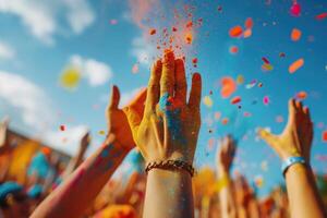 ai generado exuberante holi celebracion con vistoso polvo en aire. alegre manos lanzando vibrante holi polvo hacia el cielo, creando un dinámica y vistoso celebracion atmósfera. foto