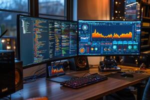 AI generated Multiscreen Computer Setup with Code and Analytics. An advanced multiscreen computer setup displaying coding software and data analytics in a room with ambient lighting. photo