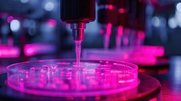 AI generated A scientist conducts a precise analysis using a microscope and pipette in a petri dish, surrounded by advanced laboratory equipment and glowing samples. photo