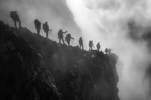 ai generado silueta caminantes ascendente un escarpado colina a amanecer. un grupo de caminantes, silueta en contra el cielo, vigorosamente ascender un escarpado colina con el amanecer detrás a ellos. foto